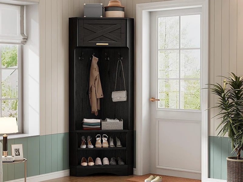 Moderne garderobe - met kapstok en schoenenopbergruimte - met 4 zwarte haken - Zwart