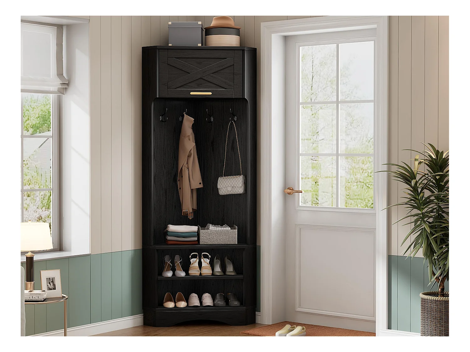 Vestiaire d'entrée moderne - avec porte-manteau et rangements à chaussures - avec 4 crochets noirs- Noir