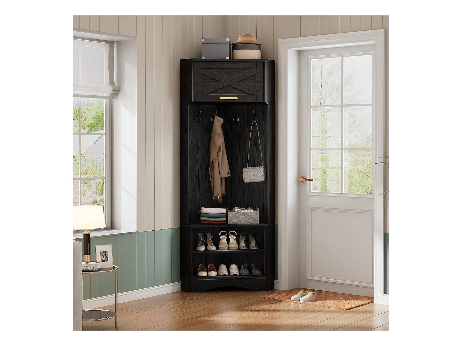 Vestiaire d'entrée moderne - avec porte-manteau et rangements à chaussures - avec 4 crochets noirs- Noir