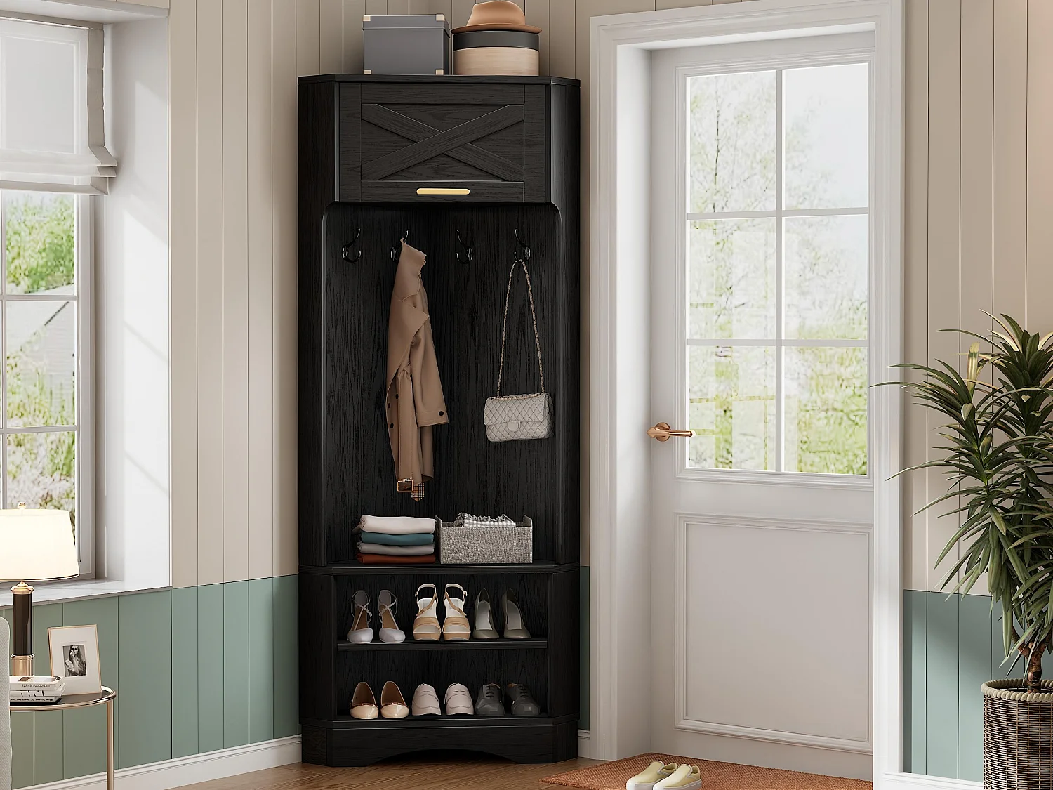 Guardaroba d'ingresso moderno - con attaccapanni e ripostiglio per scarpe - con 4 ganci neri - Nero