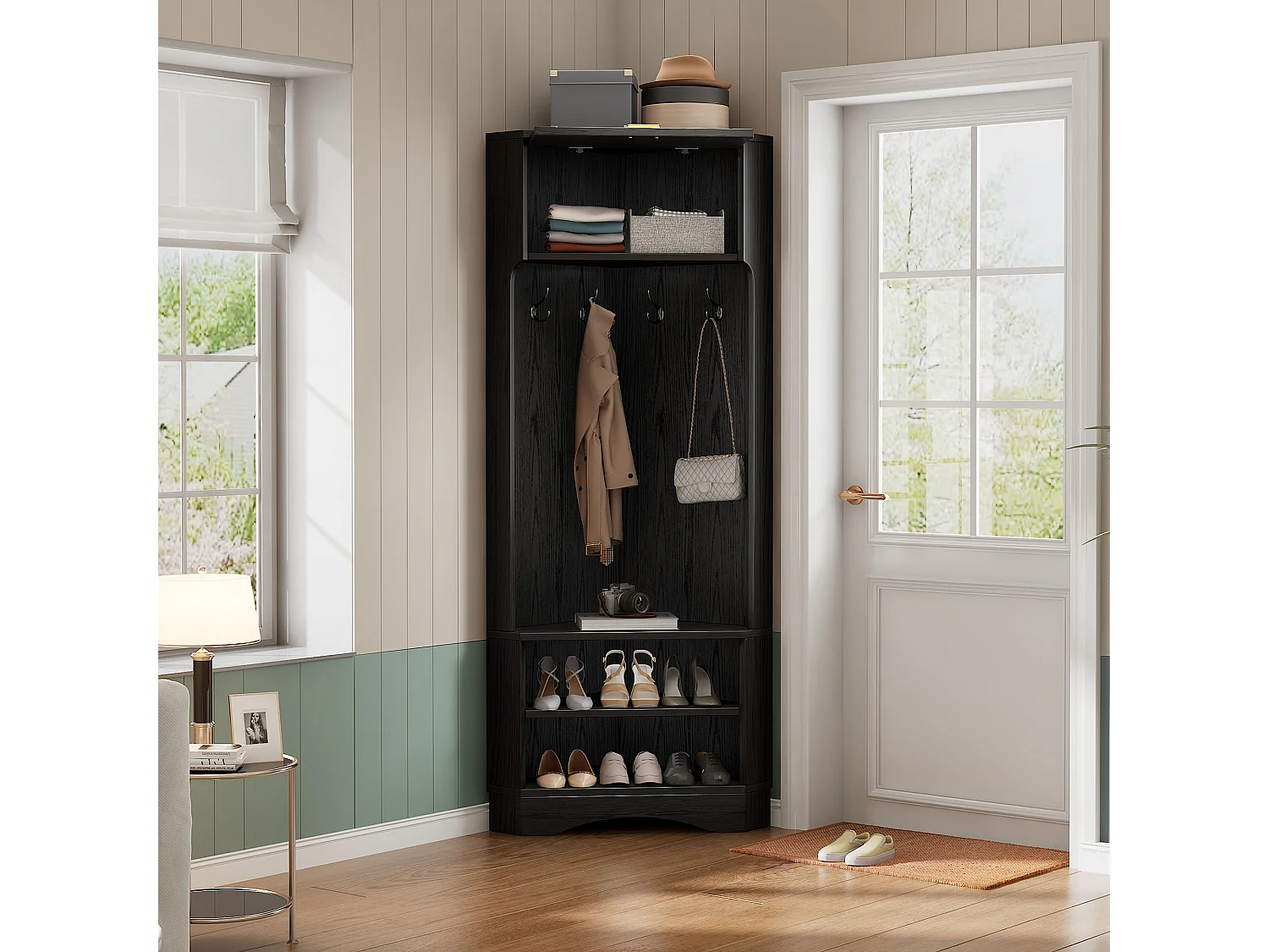 Guardaroba d'ingresso moderno - con attaccapanni e ripostiglio per scarpe - con 4 ganci neri - Nero
