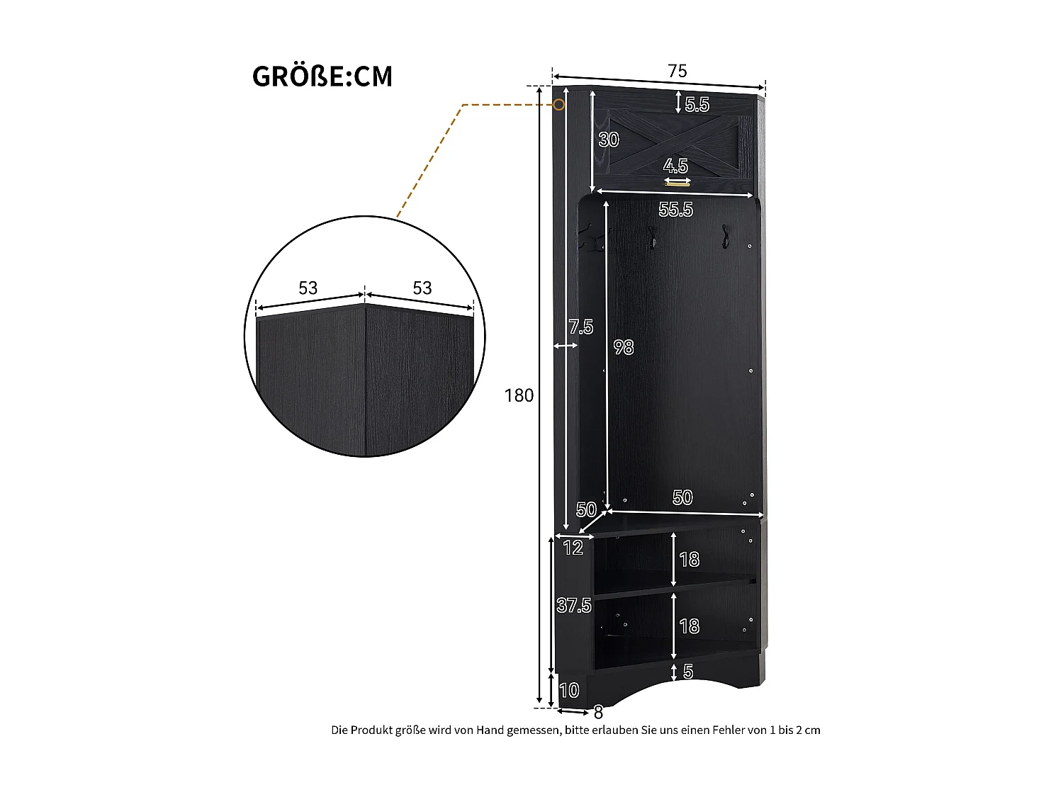 Guardaroba d'ingresso moderno - con attaccapanni e ripostiglio per scarpe - con 4 ganci neri - Nero