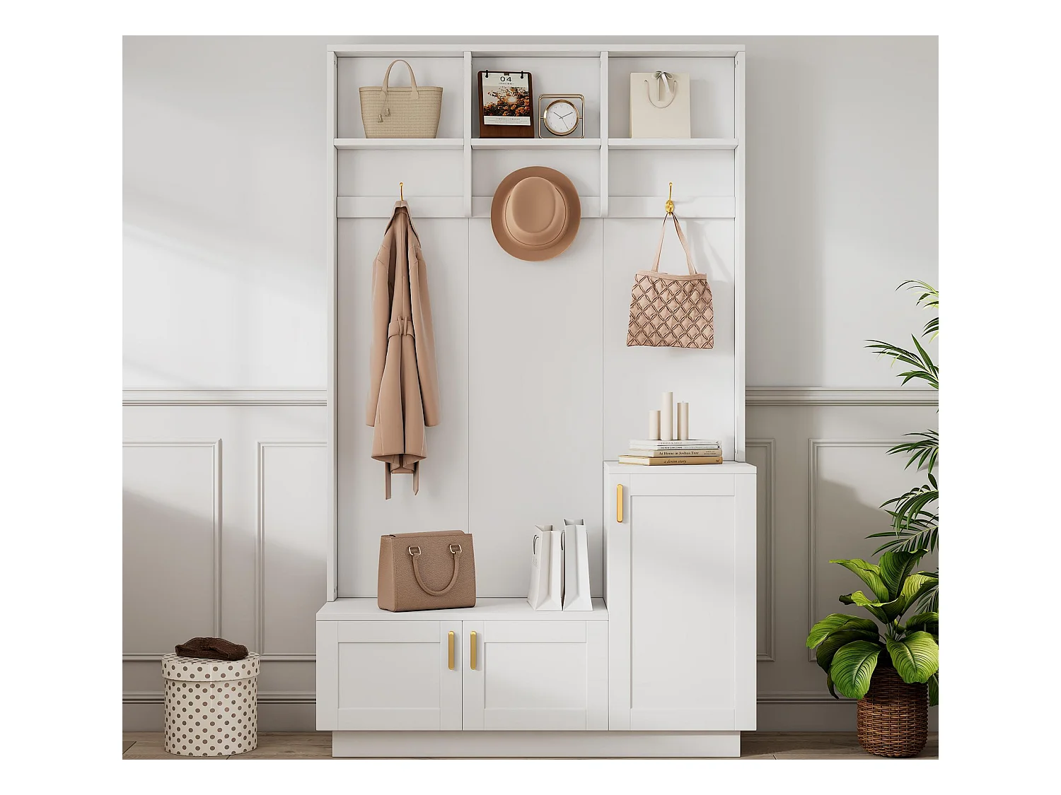 Vestiaire d'entrée moderne - avec porte-manteau et rangements à chaussures - Banc de rangement - avec 3 crochets - Blanc