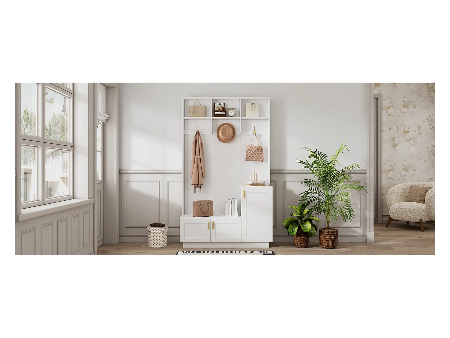 Vestiaire d'entrée moderne - avec porte-manteau et rangements à chaussures - Banc de rangement - avec 3 crochets - Blanc