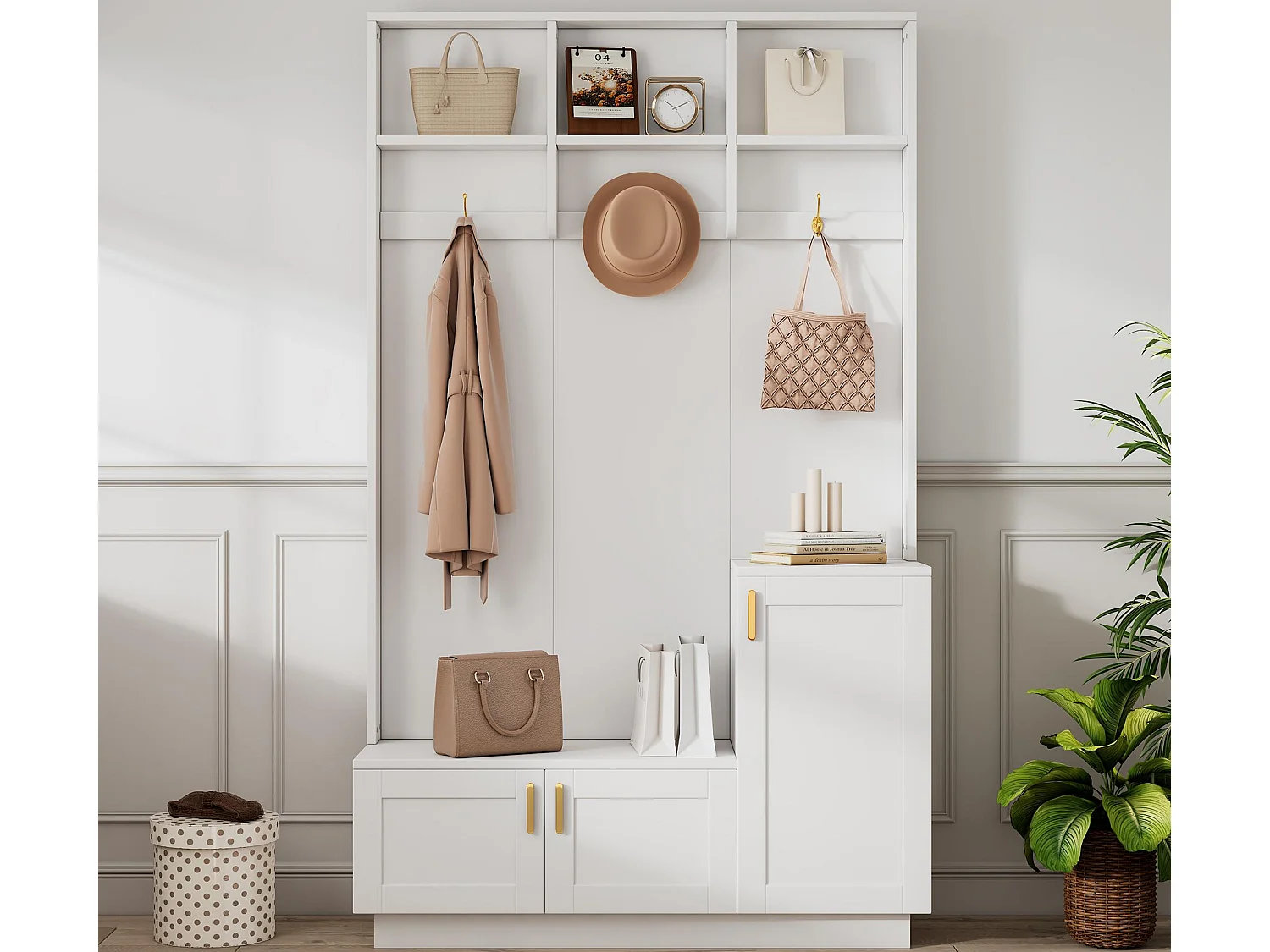 Vestiaire d'entrée moderne - avec porte-manteau et rangements à chaussures - Banc de rangement - avec 3 crochets - Blanc