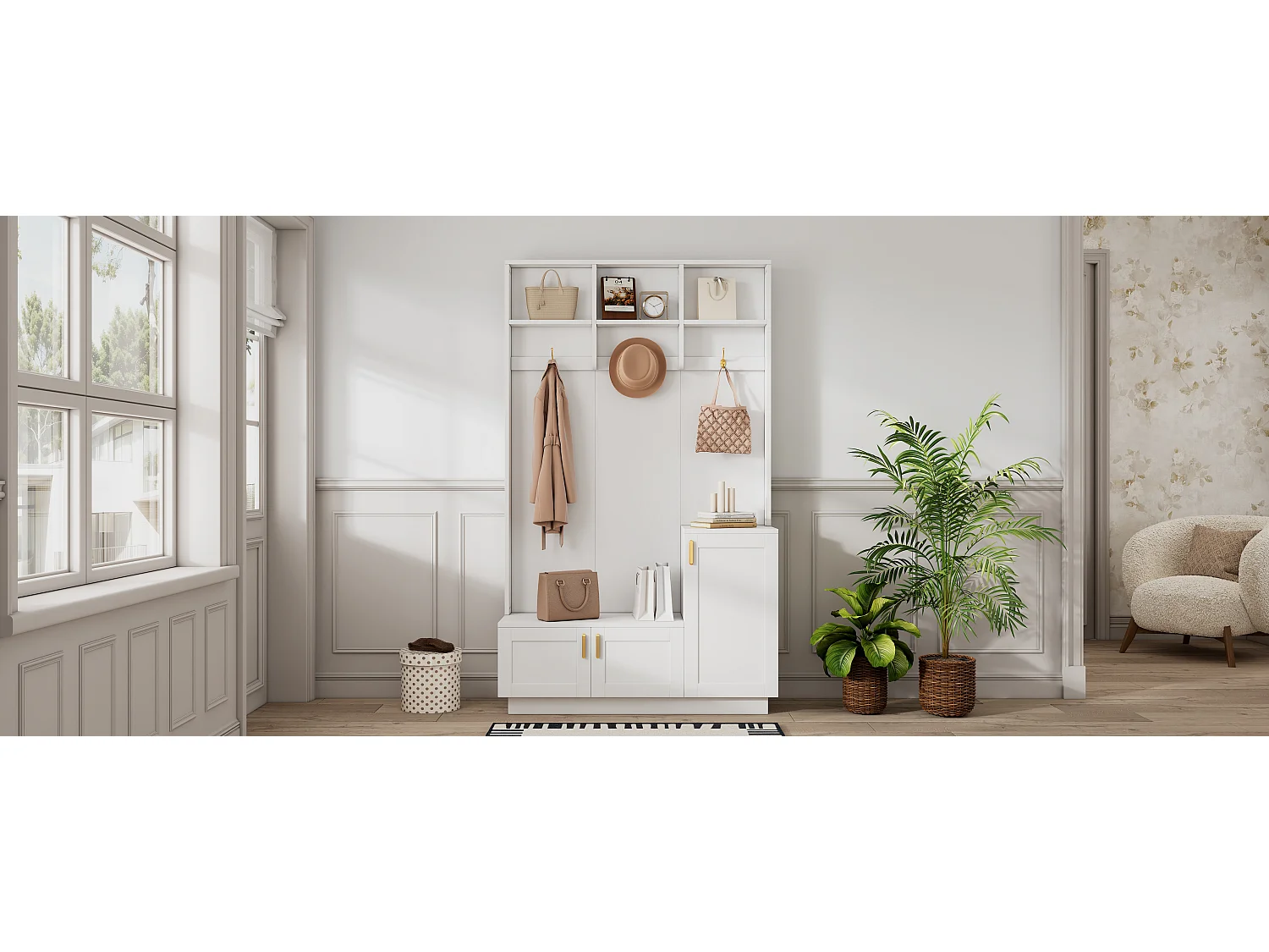 Vestiaire d'entrée moderne - avec porte-manteau et rangements à chaussures - Banc de rangement - avec 3 crochets - Blanc