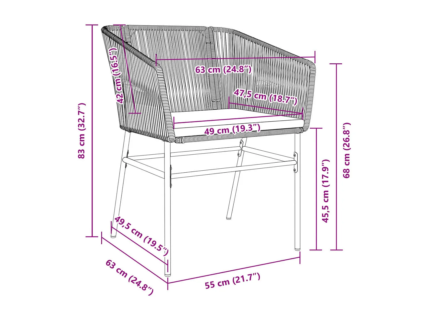 Chaises de jardin lot de 2 et coussins marron rotin