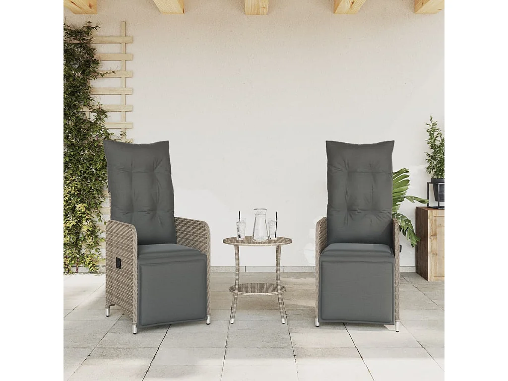 Chaises inclinables de jardin lot de 2 et coussins gris rotin