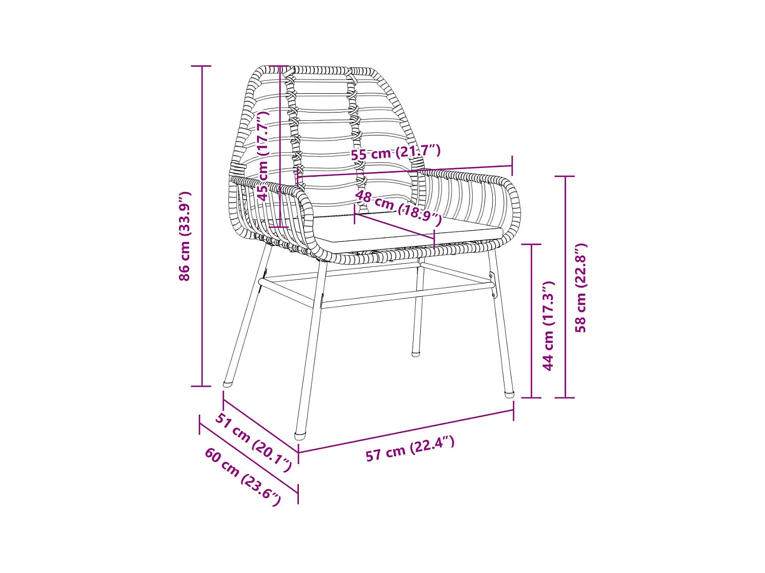Chaises de jardin lot de 2 et coussins marron rotin