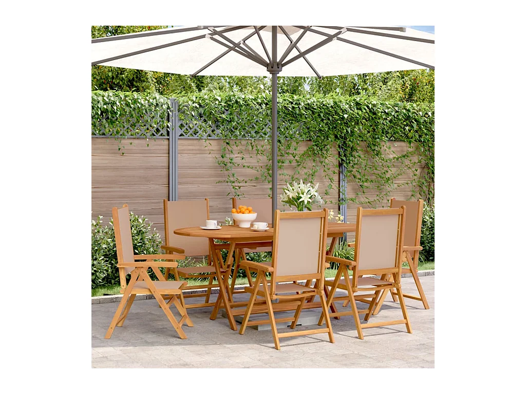 Cadeiras jardim reclin. 6 peças tecido e madeira maciça