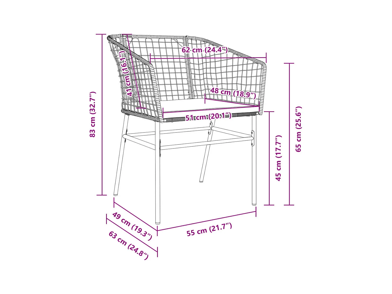 Chaises de jardin lot de 2 et coussins marron rotin