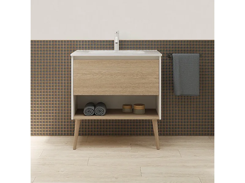 Meuble salle de bain simple vasque NARA  chêne clair et blanc 80 cm  Miroir non inclus