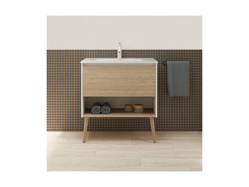 Meuble salle de bain simple vasque NARA  chêne clair et blanc 80 cm  Miroir non inclus
