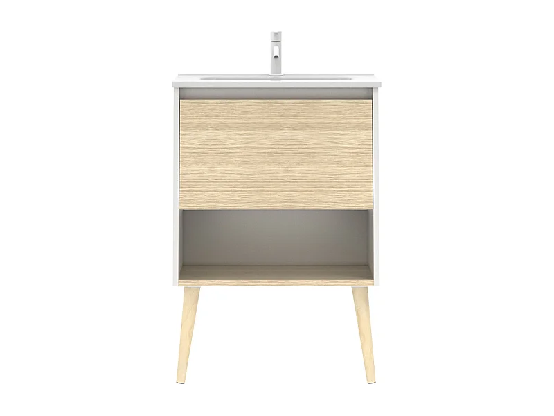 Meuble salle de bain simple vasque NARA  chêne clair et blanc 60 cm  Miroir non inclus