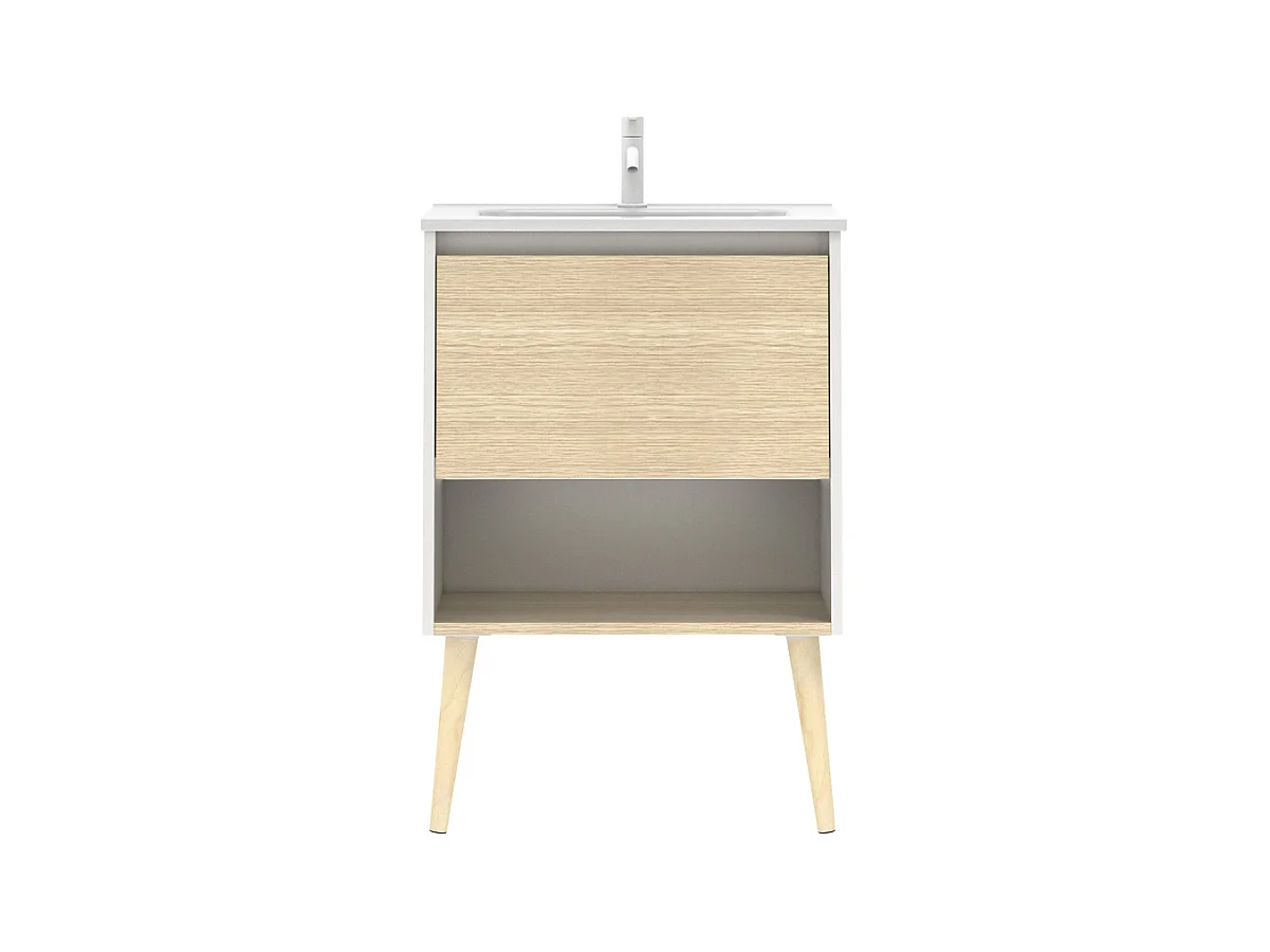 Meuble salle de bain simple vasque NARA  chêne clair et blanc 60 cm  Miroir non inclus