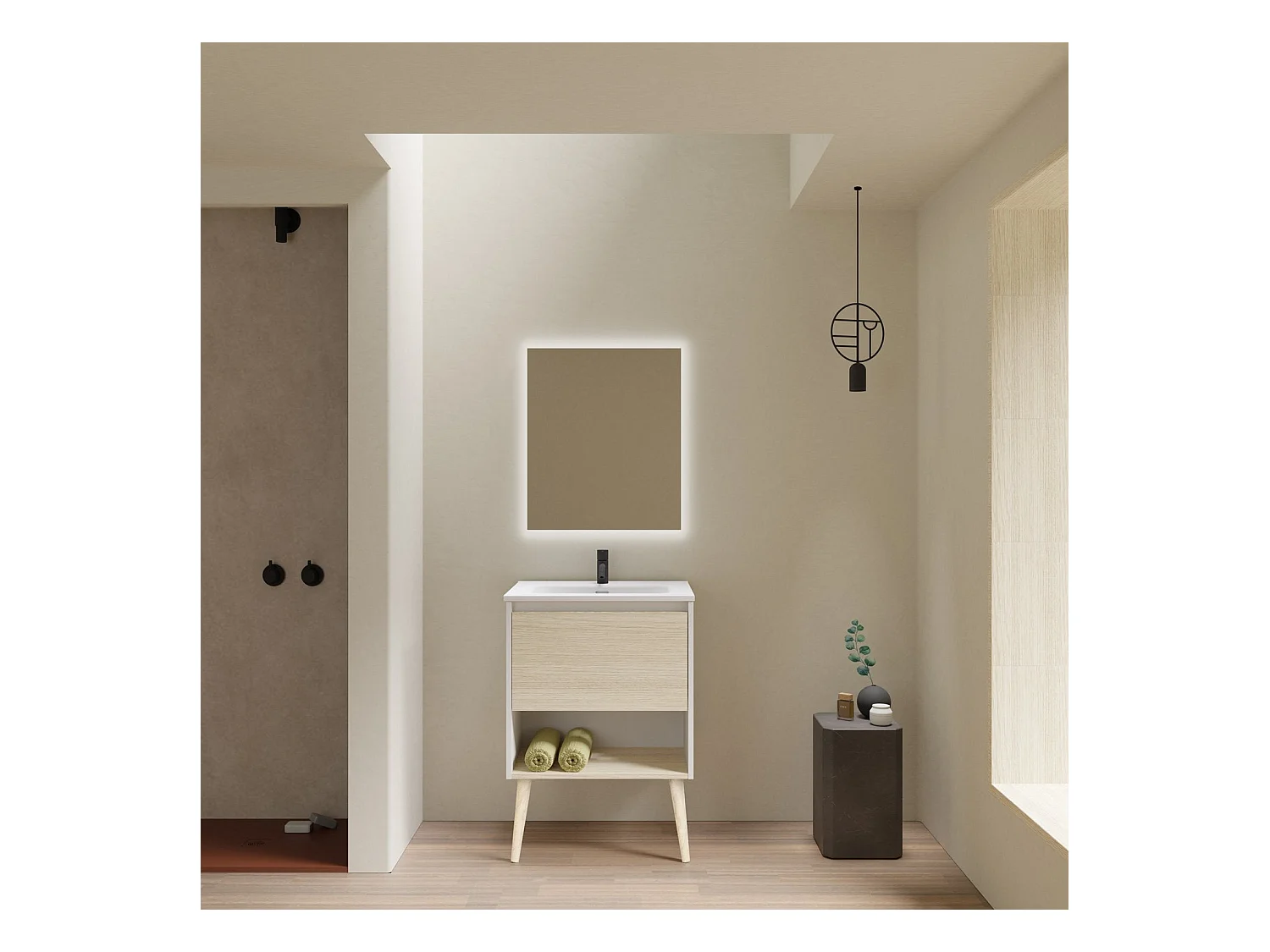 Meuble salle de bain simple vasque NARA  chêne clair et blanc 60 cm  Miroir non inclus