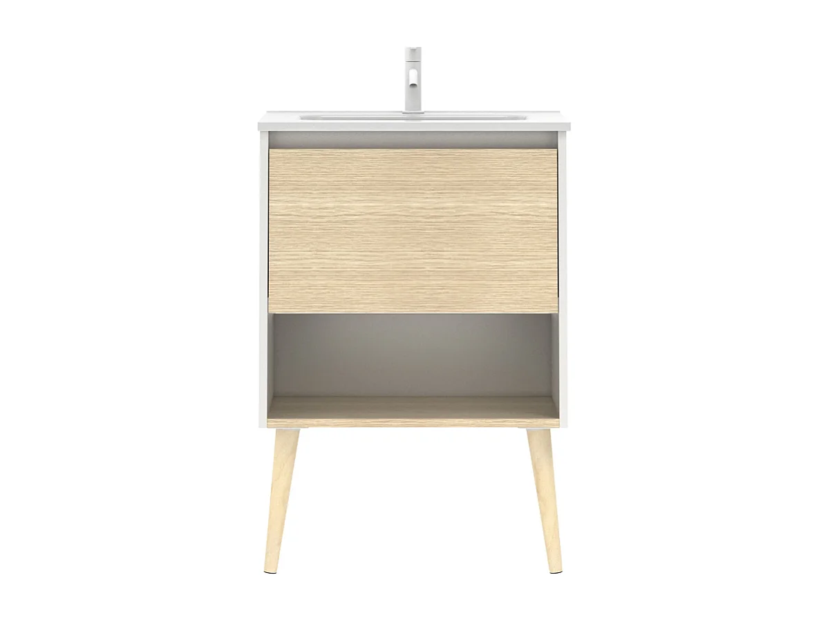 Meuble salle de bain simple vasque NARA  chêne clair et blanc 60 cm  Miroir non inclus