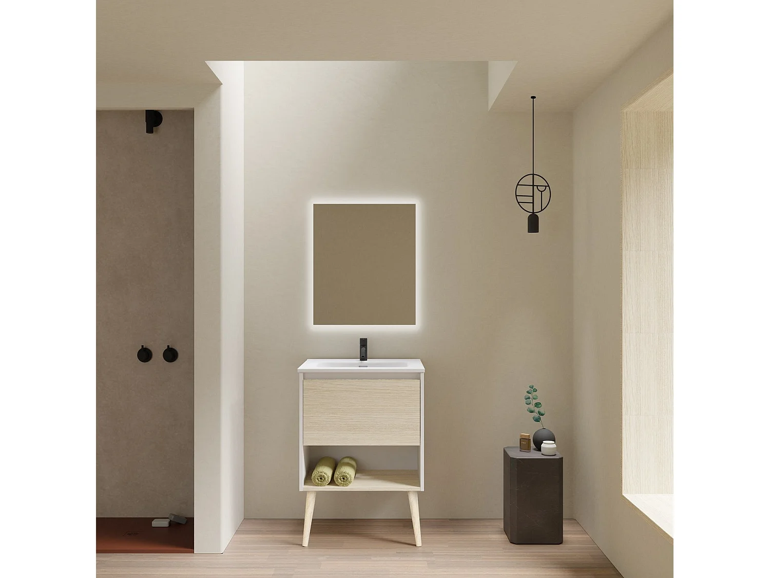 Meuble salle de bain simple vasque NARA  chêne clair et blanc 60 cm  Miroir non inclus