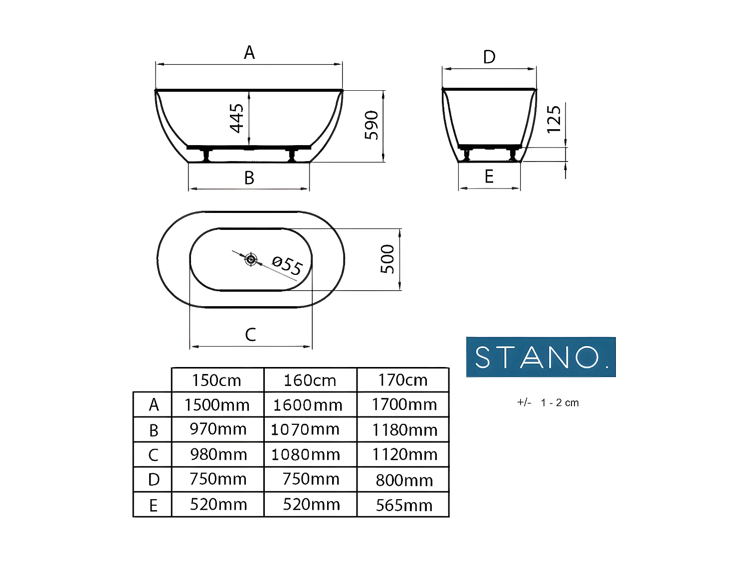 Vasca freestanding LISBON bianca Opaca 170 cm