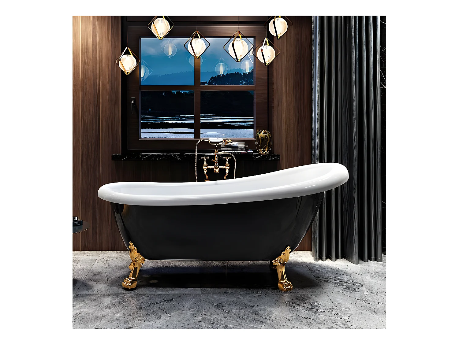 Freistehende Badewanne mit Füßen RICHMOND SCHWARZ Löwenfüße GOLD 171 cm