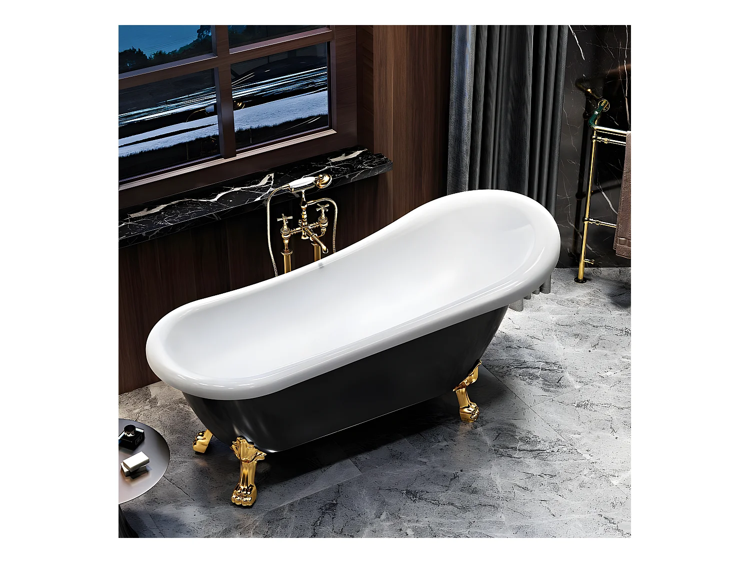 Baignoire ancienne rétro sur pieds RICHMOND Noire 171 cm Pieds de Lion Dorés