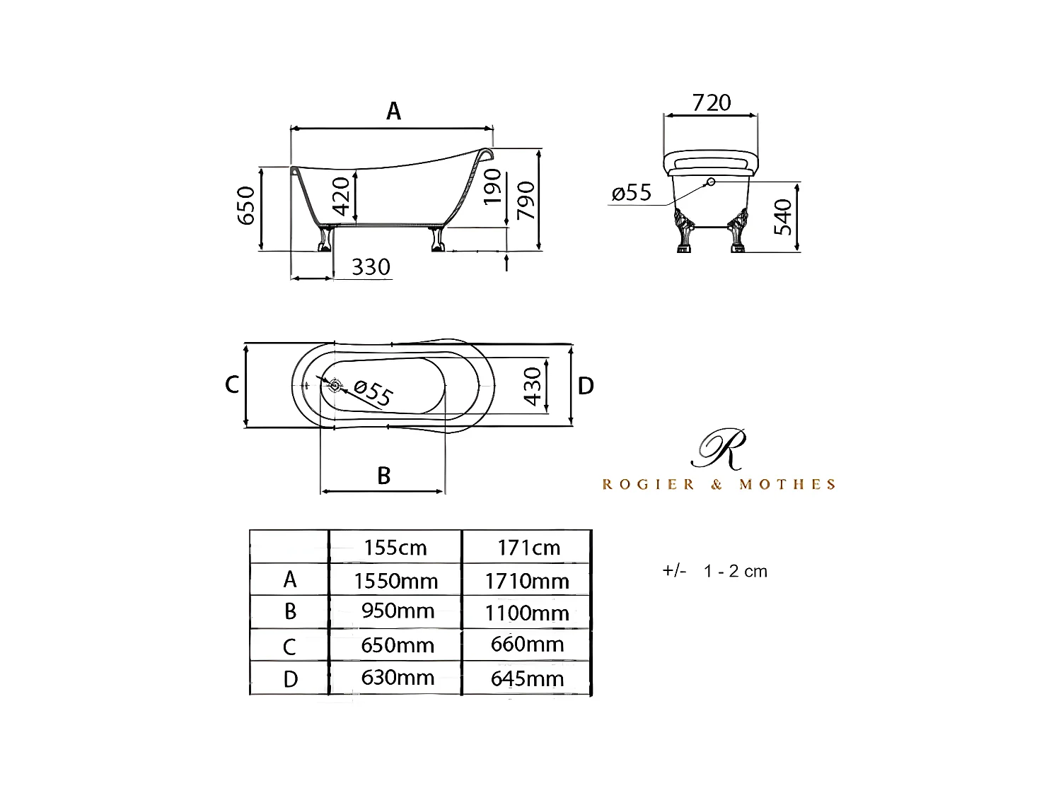 Vasca da bagno freestanding stile classico con piedini RICHMOND Bianca 171 cm Piedini di leone Bronzo