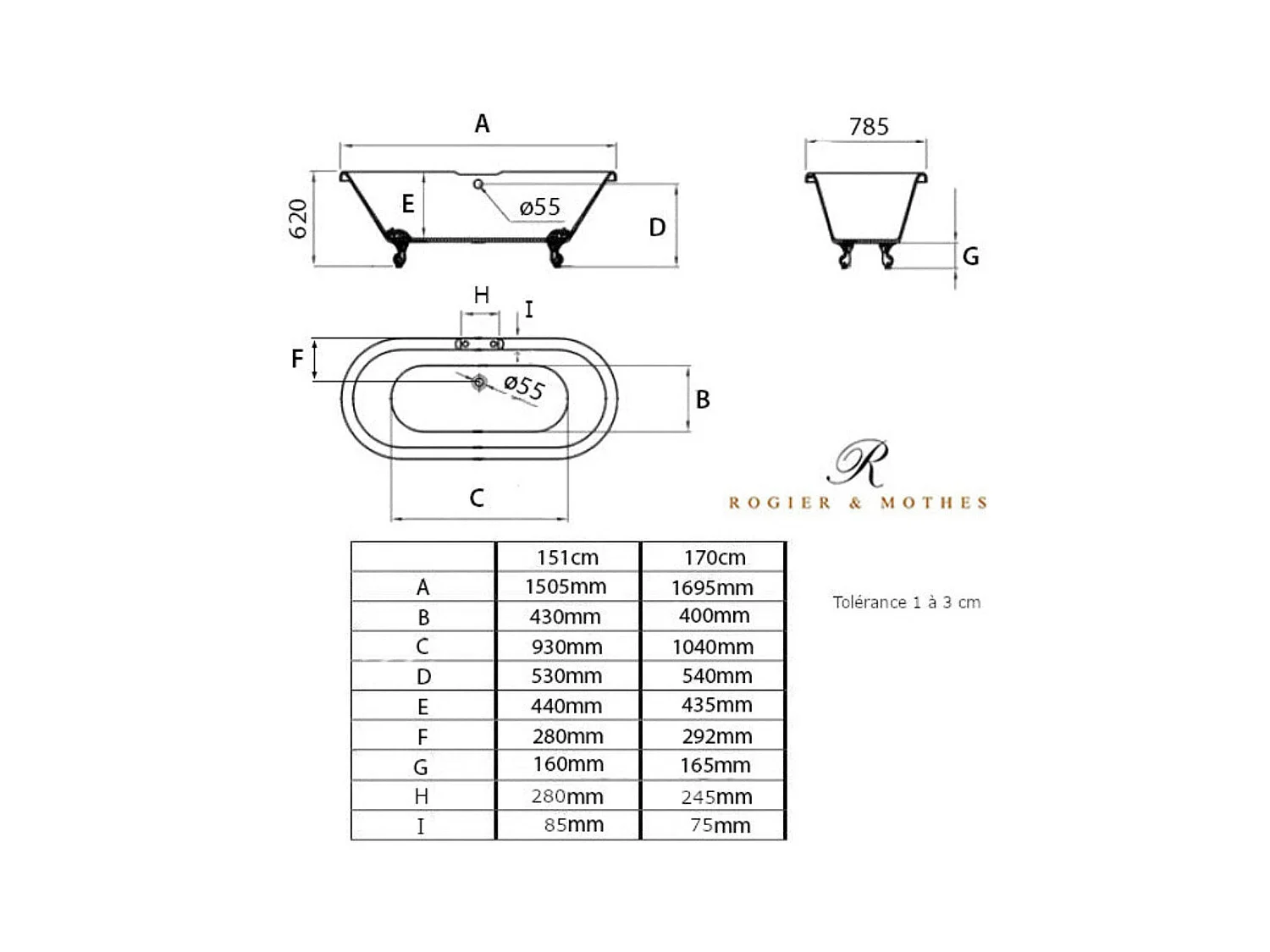 Freistehende Badewanne mit Füßen CHELSEA Löwenfüße SCHWARZ 154 cm