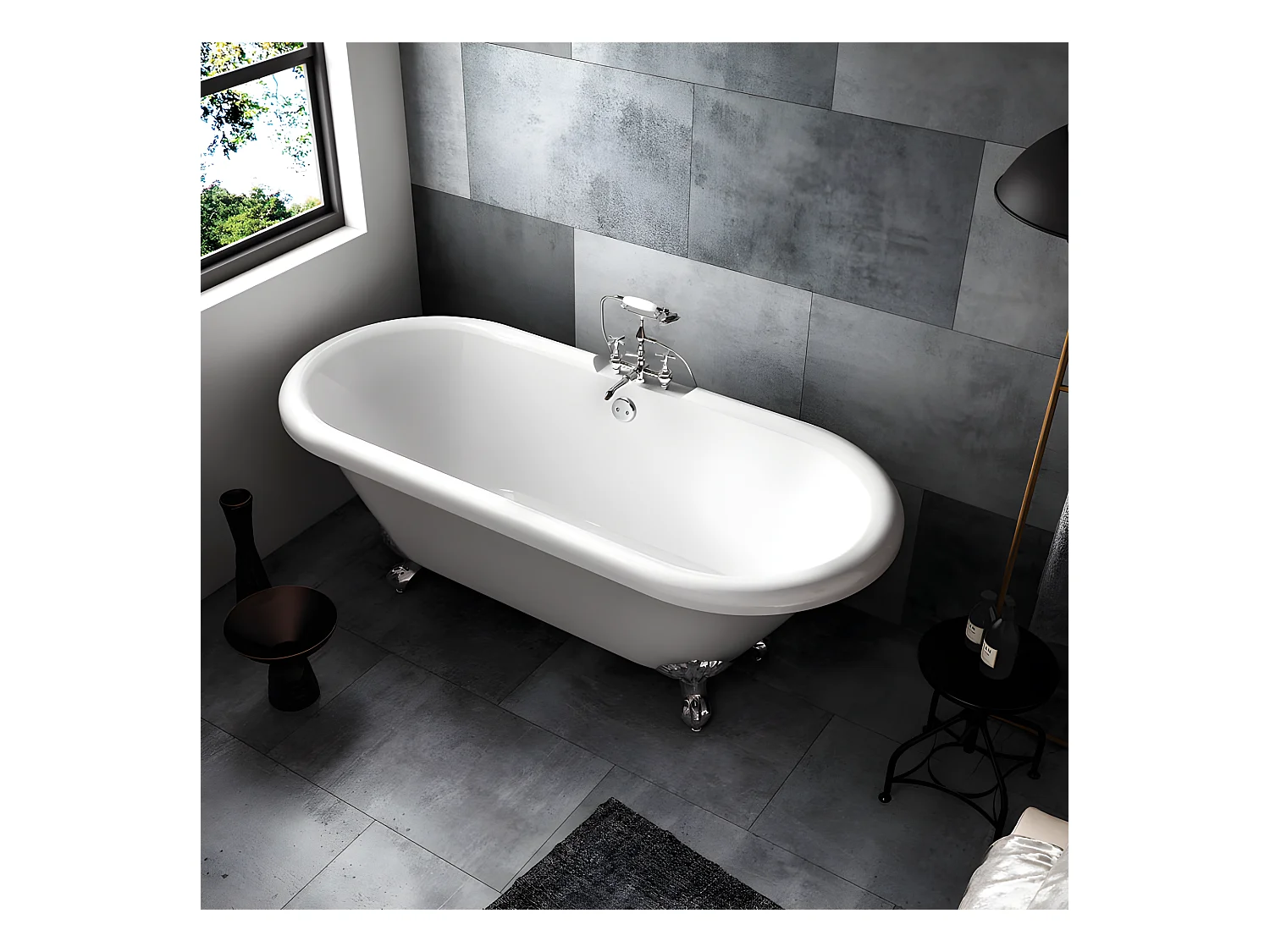 Baignoire ancienne rétro sur pieds CHELSEA Blanche 154 cm Pieds de Lion Noirs
