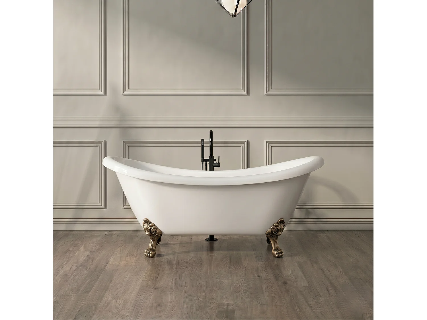 Baignoire sur pieds rétro DARLINGTON Blanche 175 cm Pieds de Lion Bronze jaune vieilli