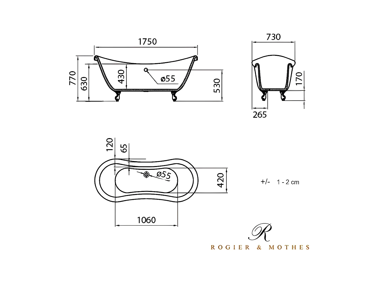 Bañera con patas DARLINGTON  175 cm patas LEÓN DORADAS