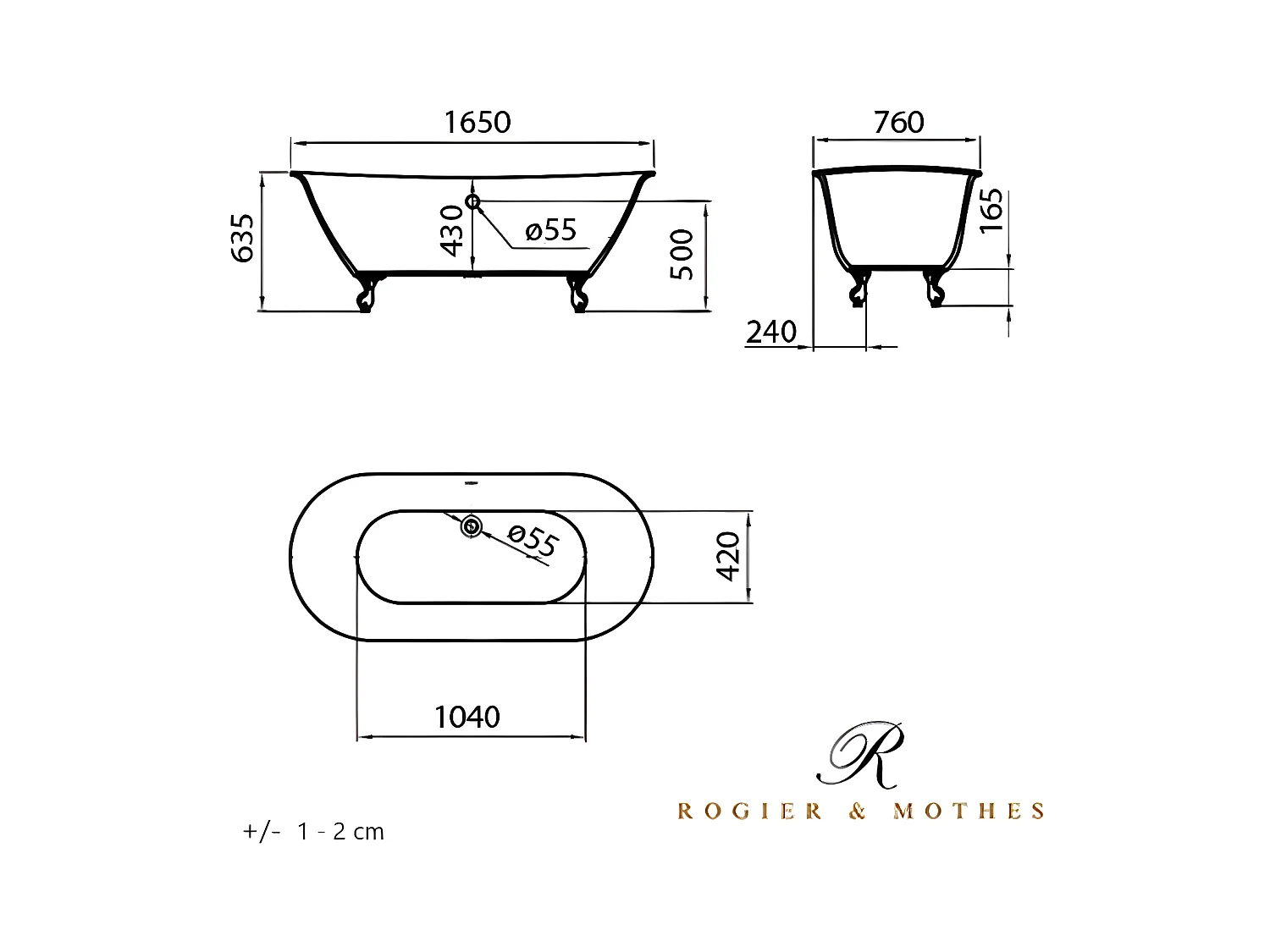 Freistehende Badewanne mit Füßen SURRY HILLS Löwenfüße GOLD 165 cm