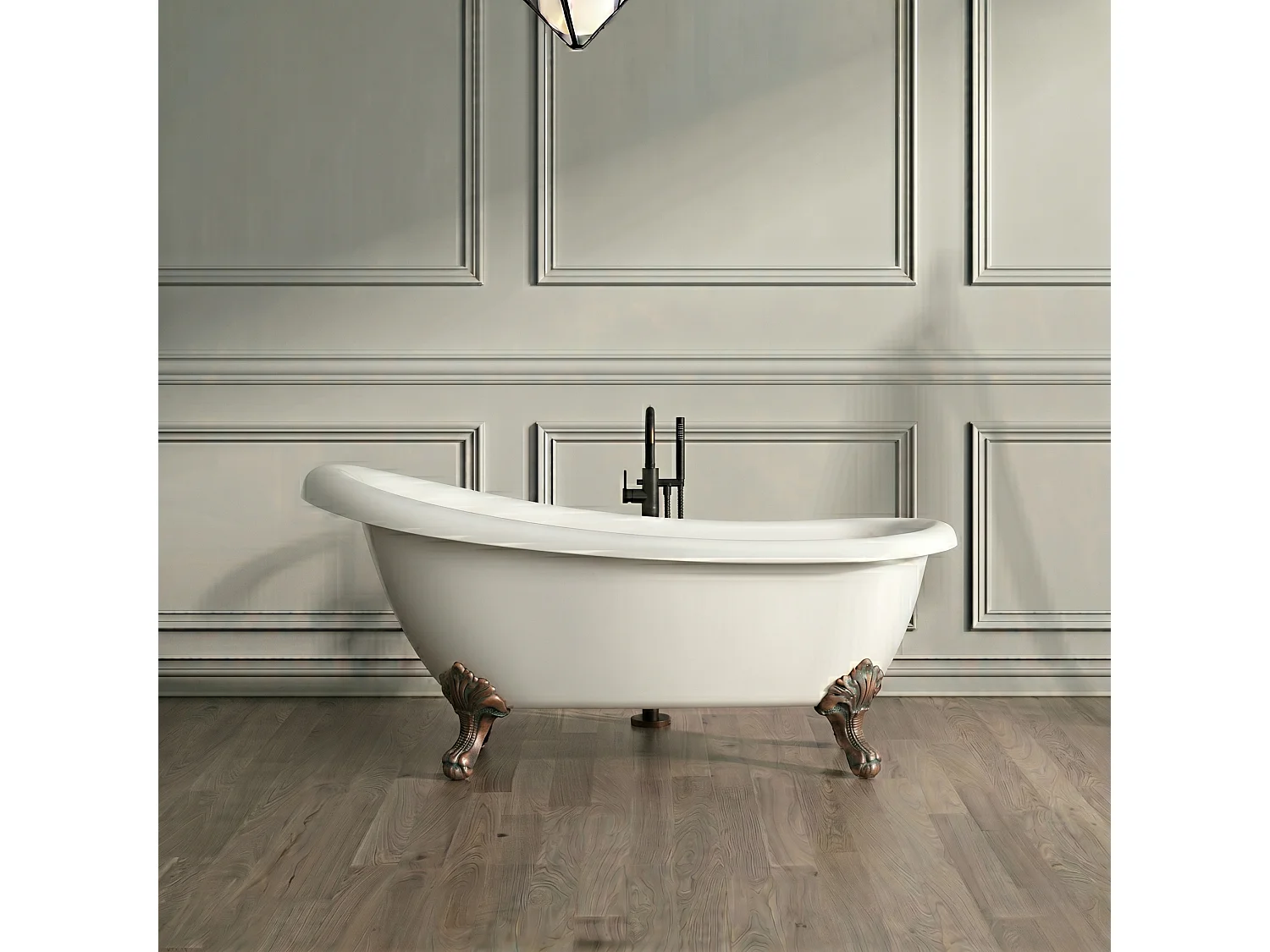 Baignoire sur pieds rétro RICHMOND Blanche 155 cm Pieds d'Aigle Cuivre rouge vieilli