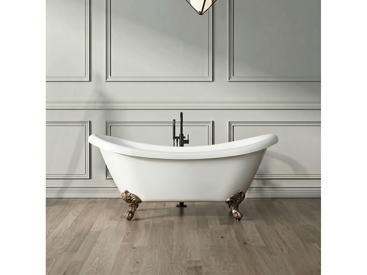 Baignoire sur pieds rétro DARLINGTON Blanche 175 cm Pieds d'Aigle Bronze jaune vieilli