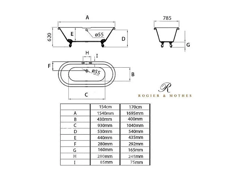 Bañera con patas CHELSEA  170 cm patas LEÓN DORADAS