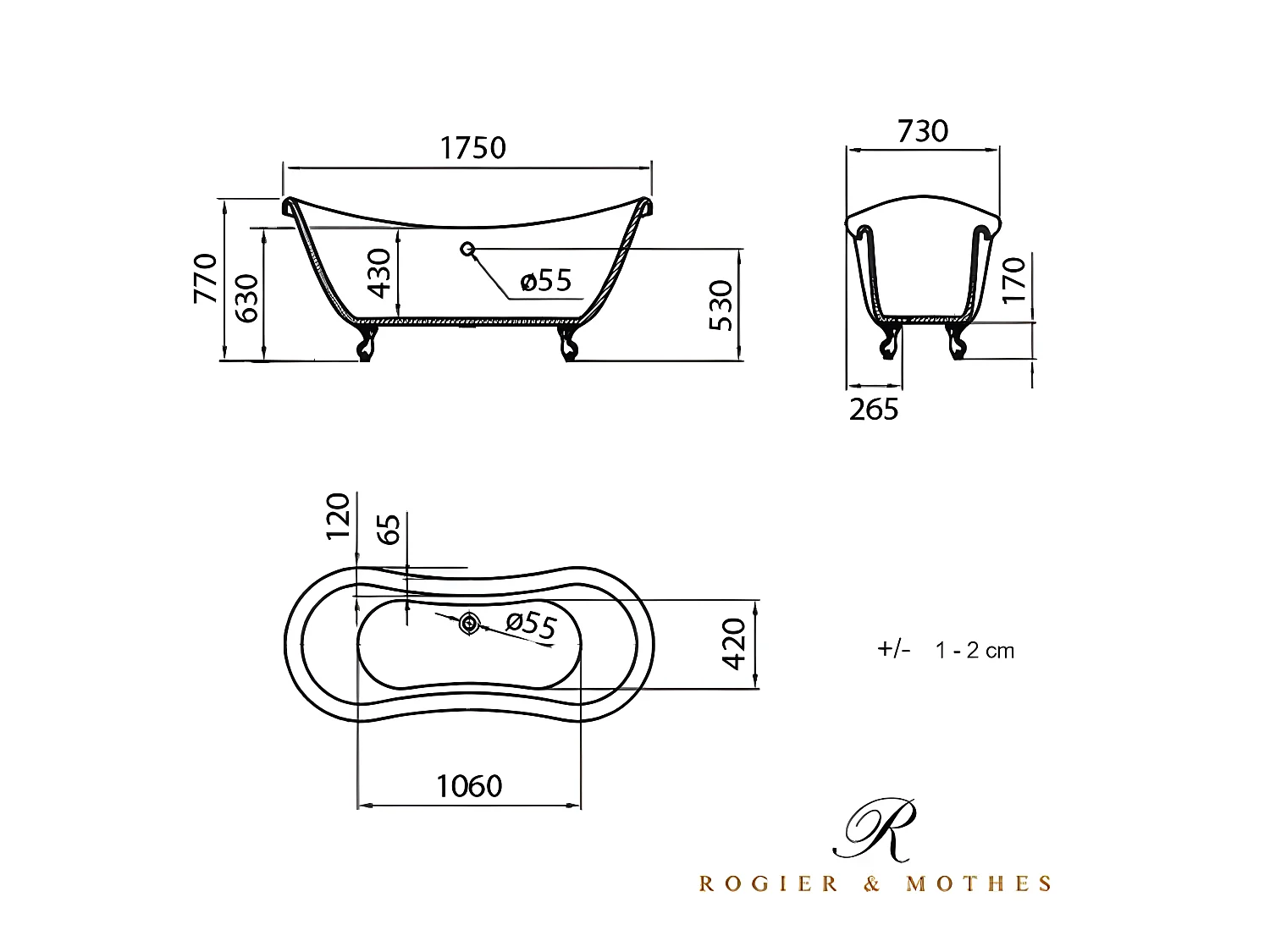Freistehende Badewanne mit Füßen DARLINGTON Adlerfüße WEISS 175 cm