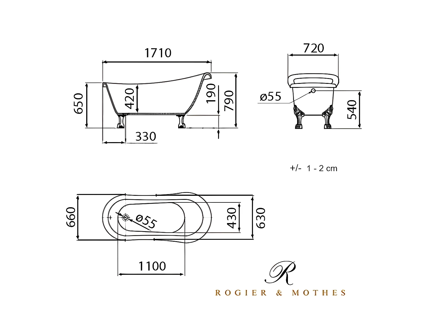 Bañera con patas RICHMOND NEGRA  171 cm patas ÁGUILA COBRE ENVEJECIDO