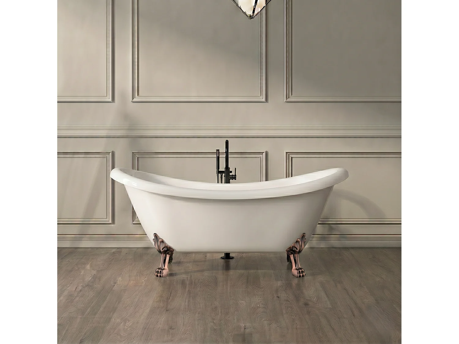 Baignoire sur pieds rétro DARLINGTON Blanche 175 cm Pieds de Lion Cuivre rouge vieilli