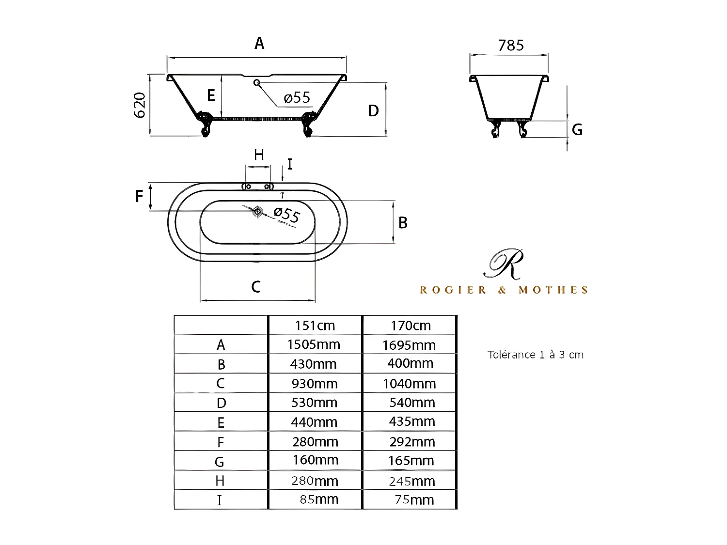 Baignoire ancienne rétro sur pieds CHELSEA Blanche 170 cm Pieds d'Aigle Cuivre rouge vieilli