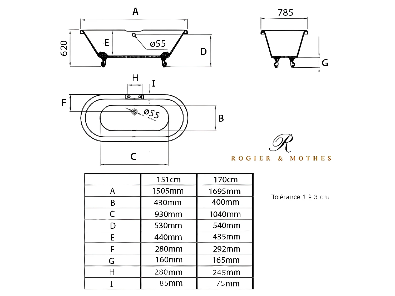 Baignoire ancienne rétro sur pieds CHELSEA Blanche 170 cm Pieds d'Aigle Cuivre rouge vieilli