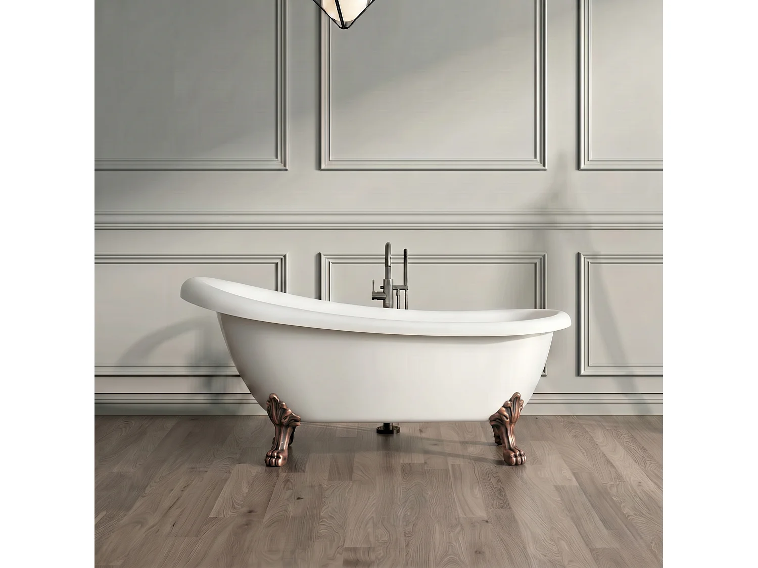 Baignoire sur pieds rétro RICHMOND Blanche 155 cm Pieds de Lion Cuivre rouge vieilli
