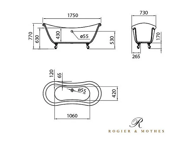 Baignoire sur pieds rétro DARLINGTON Blanche 175 cm Pieds d'Aigle Cuivre rouge vieilli