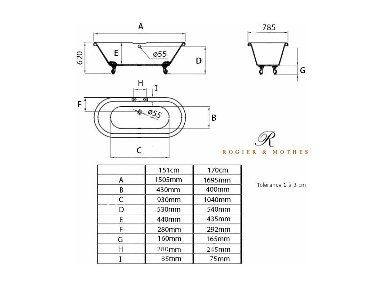 Vasca da bagno freestanding stile classico con piedini CHELSEA Bianca 170 cm Piedini di aquila Neri