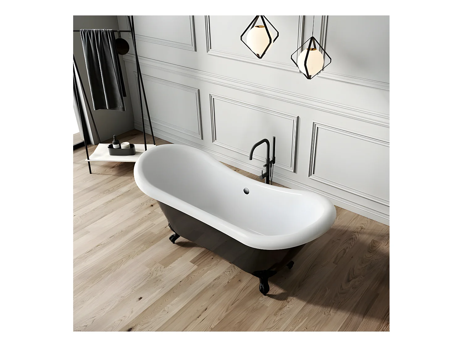 Baignoire ancienne rétro sur pieds DARLINGTON Noire 175 cm Pieds d'Aigle Cuivre rouge vieilli