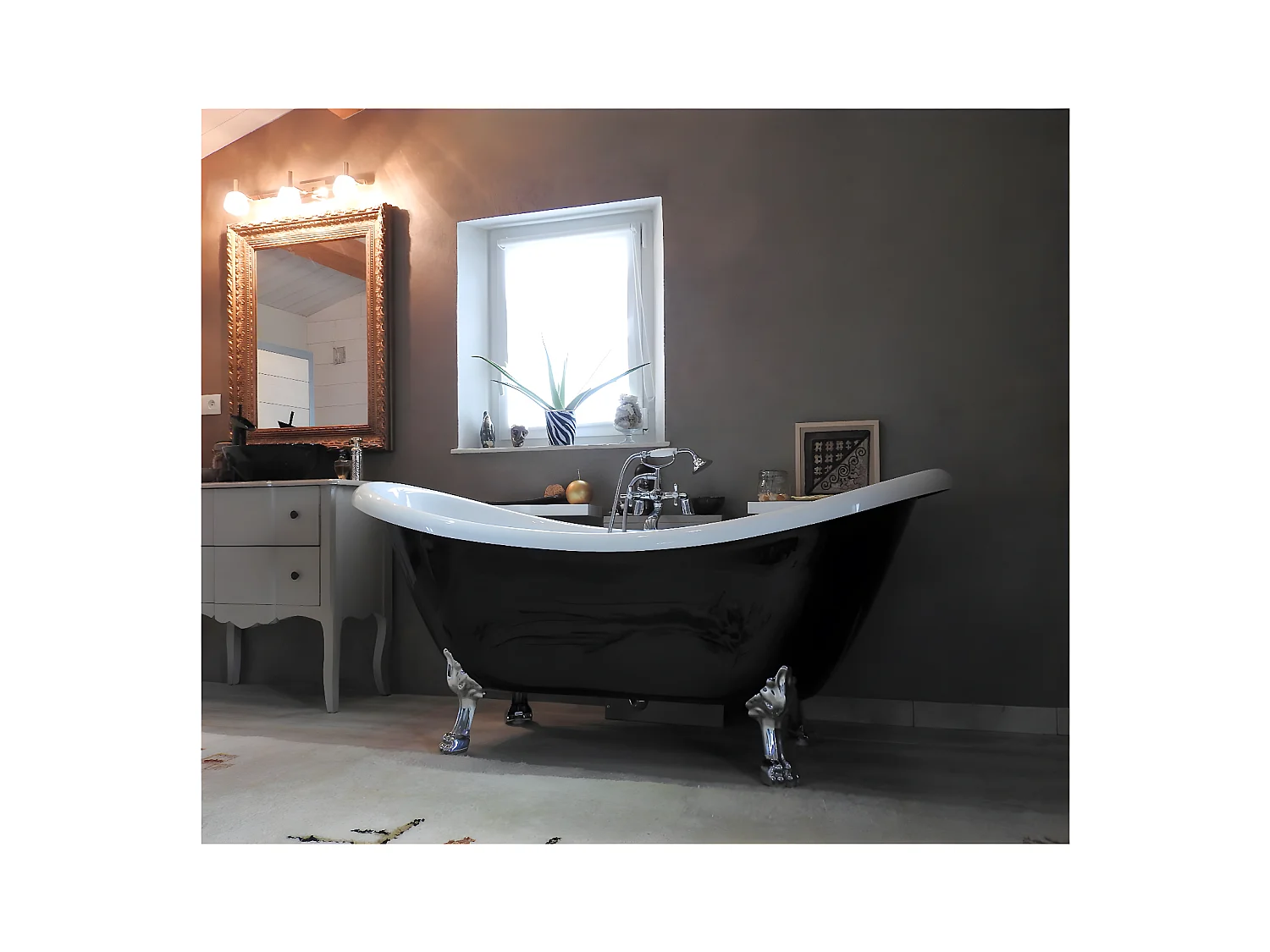 Baignoire ancienne rétro sur pieds DARLINGTON Noire 175 cm Pieds d'Aigle Cuivre rouge vieilli