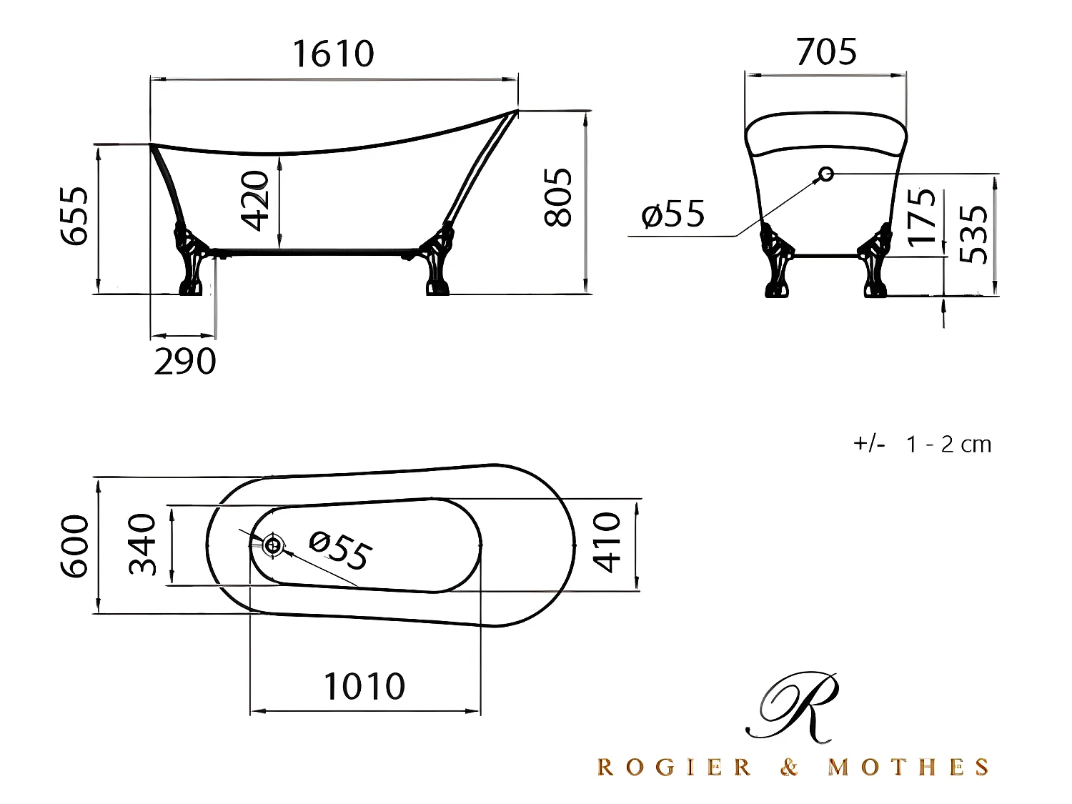 Freistehende Badewanne mit Füßen BALMAIN Löwenfüße SCHWARZ 161 cm