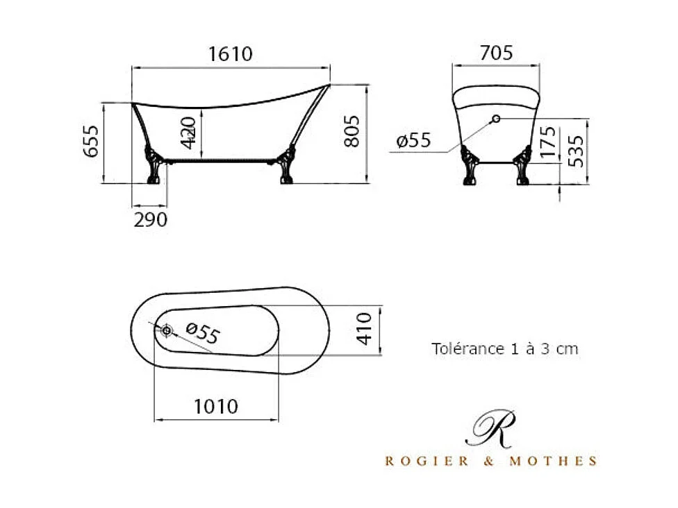 Baignoire sur pieds rétro BALMAIN Blanche 161 cm Pieds d'Aigle Cuivre rouge vieilli