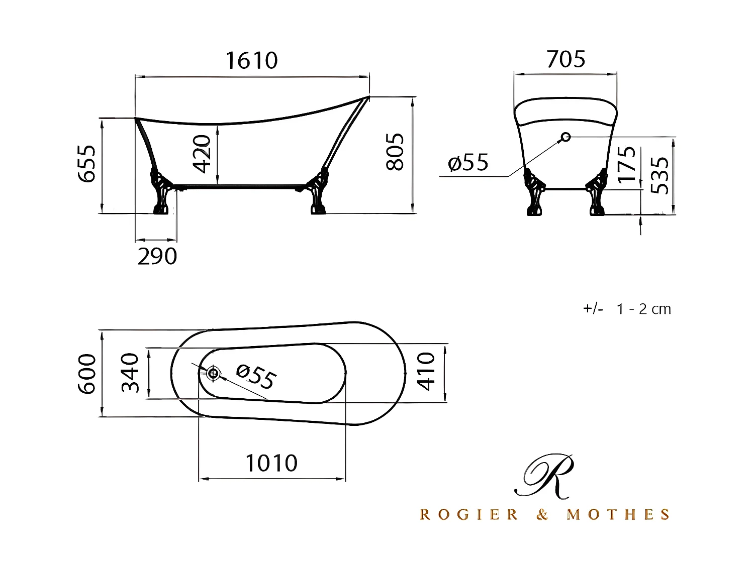 Vasca da bagno freestanding stile classico con piedini BALMAIN Bianca 161 cm Piedini di aquila Rame