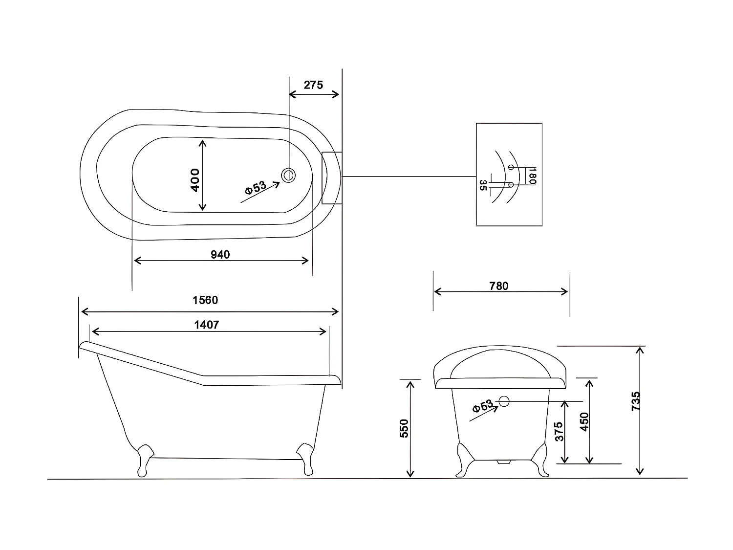 Freistehende Gusseisen Badewanne ASHFORD GOLD 156 cm