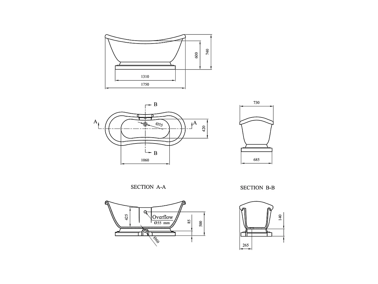 Freistehende Retro-Badewanne MIDLETON 175 cm