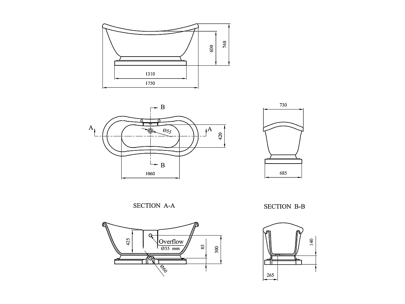 Freistehende Retro-Badewanne MIDLETON 175 cm